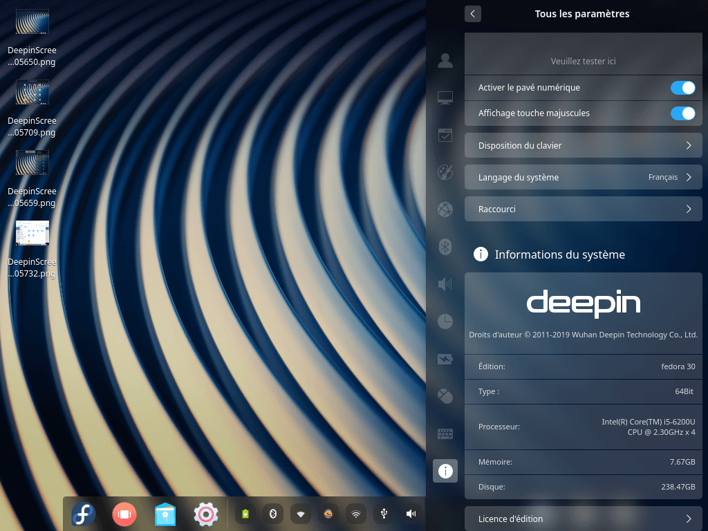 Fedora 30 - Deepin - Paramètres