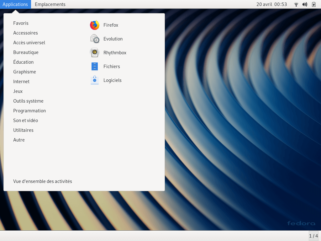 Fedora 30 - GNOME Classique - Menu