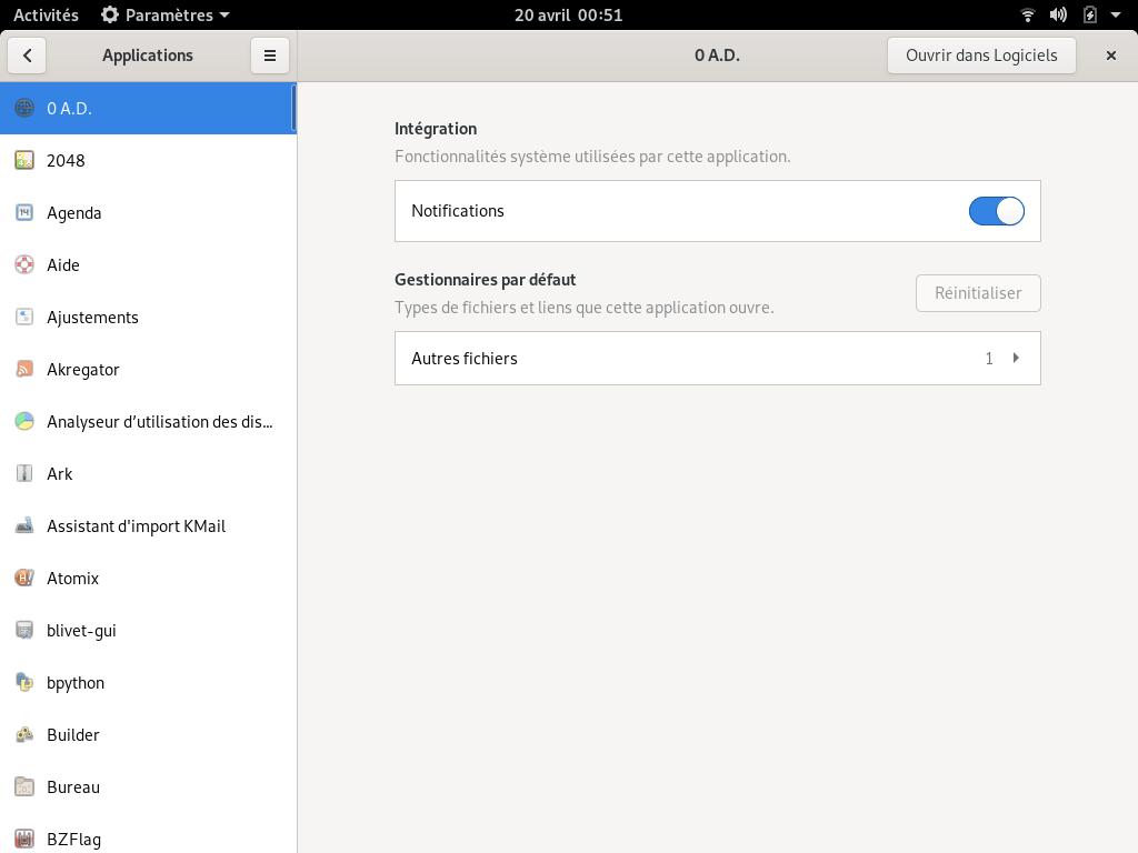 Fedora 30 - GNOME - Configuration des applications