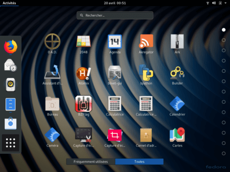 Fedora 30 - GNOME - Liste des applications