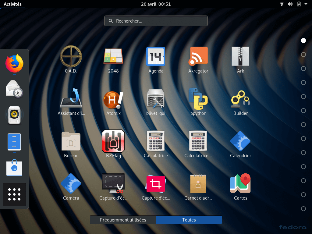 Fedora 30 - GNOME - Liste des applications