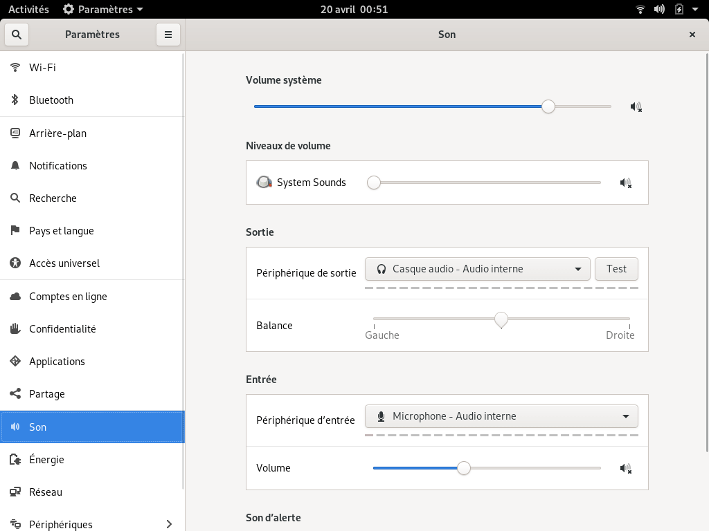 Fedora 30 - GNOME - Nouveau panneau configuration du son