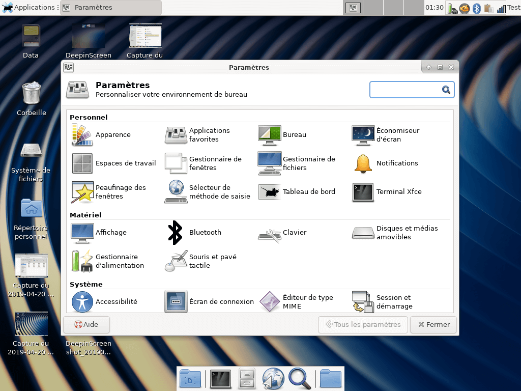 Fedora 30 - XFCE - Centre de configuration
