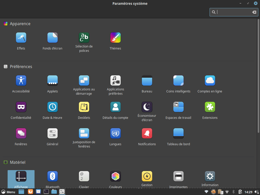 Fedora 31 - Cinnamon - Centre de contrôle