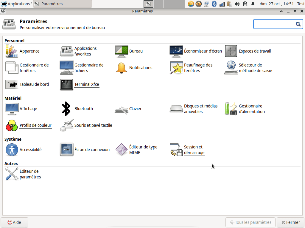 Fedora 31 - XFCE - Centre de contrôle