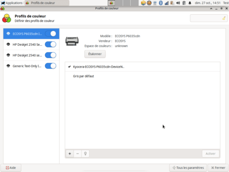 Fedora 31 - XFCE - Profils des couleurs