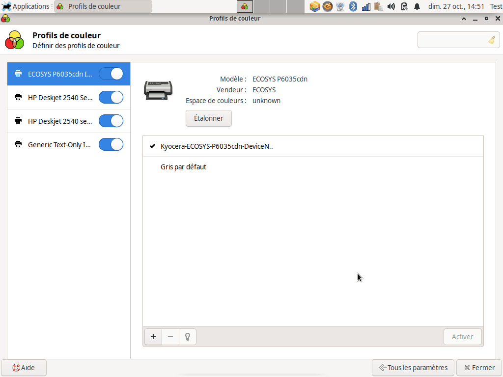 Fedora 31 - XFCE - Profils des couleurs