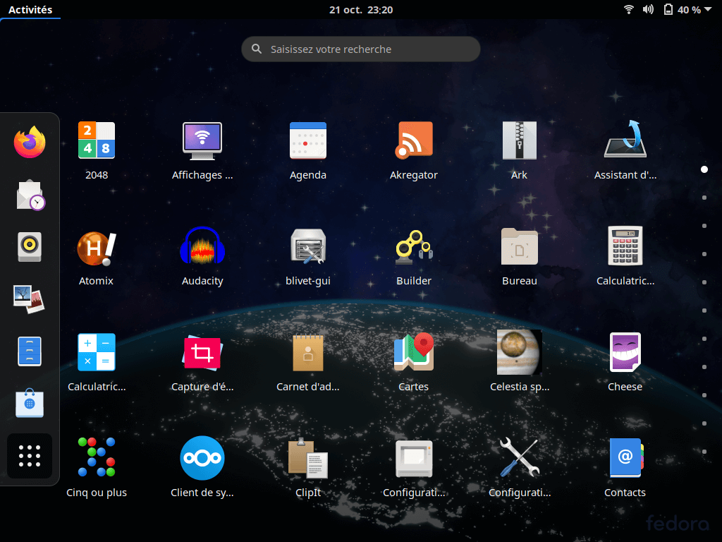 Fedora 33 - GNOME - Liste applications