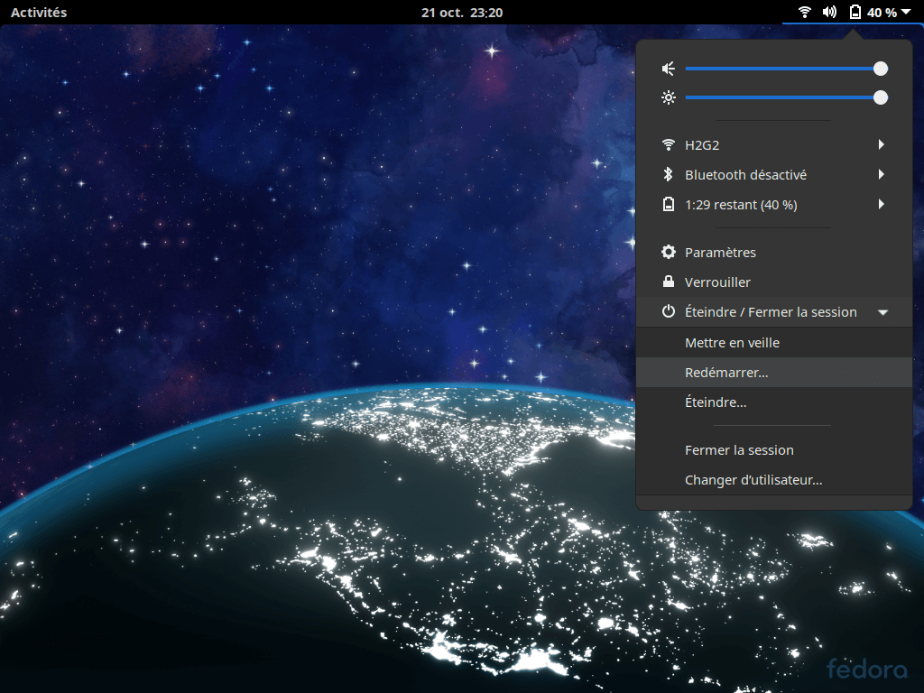 Fedora 33 - GNOME - Redémarrer