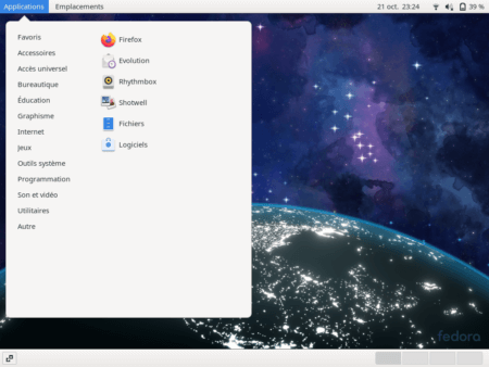 Fedora 33 - GNOME classique - Menu