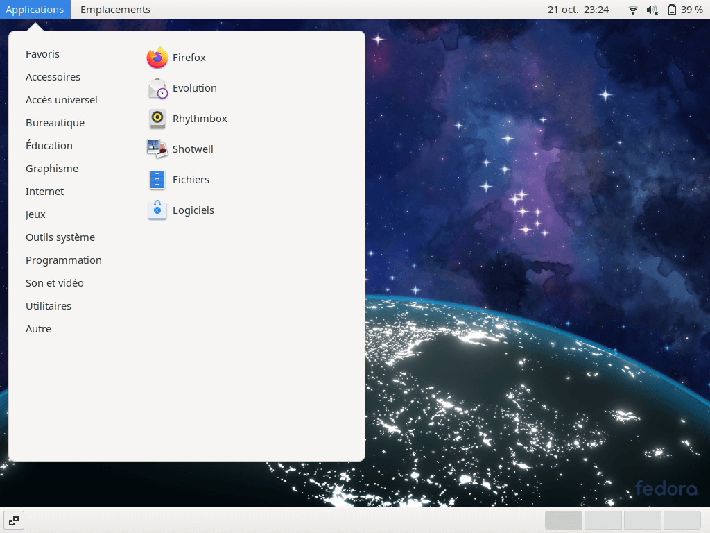 Fedora 33 - GNOME classique - Menu