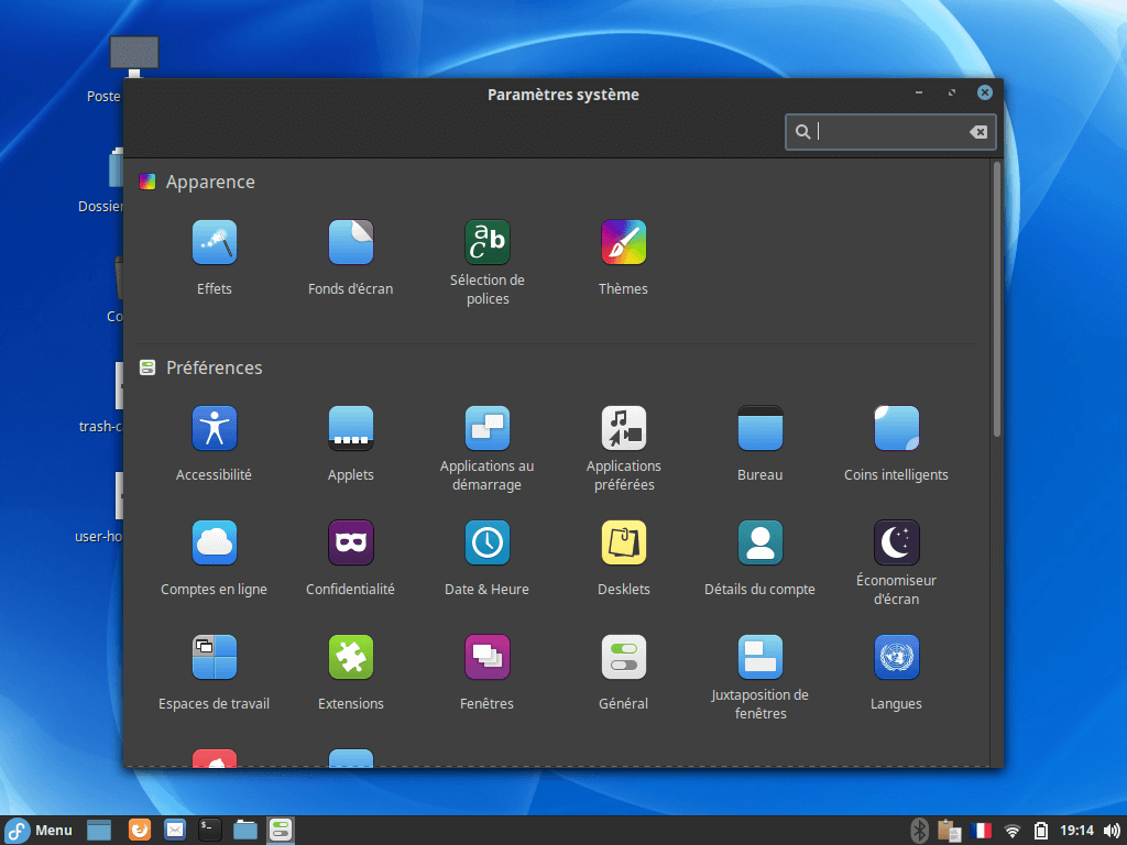 Fedora 34 - Cinnamon - Centre de contrôles
