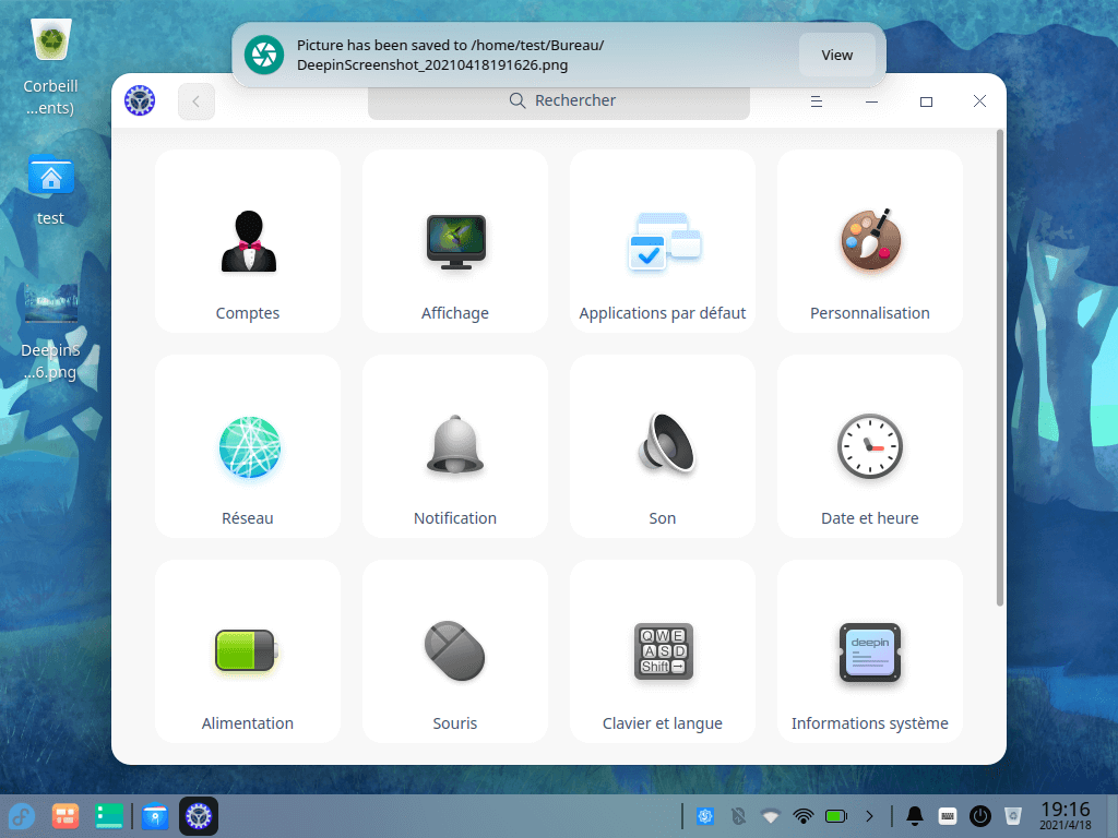 Fedora 34 - Deepin - Centre de contrôles