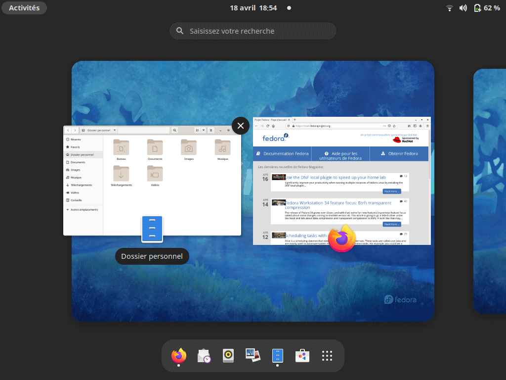 Fedora 34 - GNOME - Nouvelle vue globale avec applications
