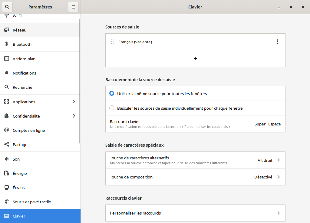 Fedora 34 - GNOME - Paramètres