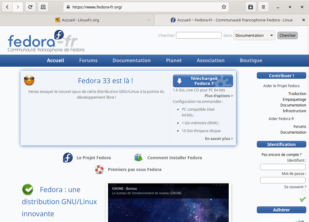 Fedora 34 - GNOME - Web onglets