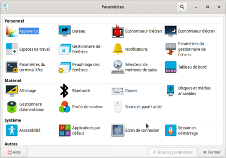 Fedora 34 - XFCE - Centre de contrôles