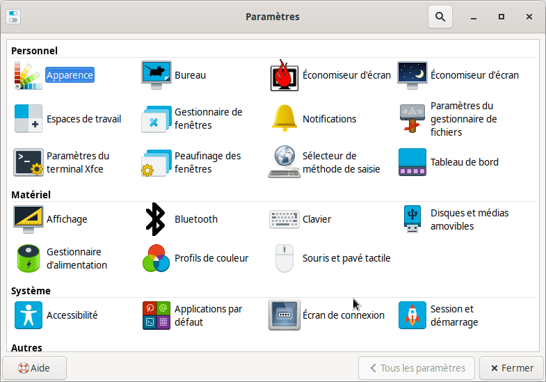 Fedora 34 - XFCE - Centre de contrôles