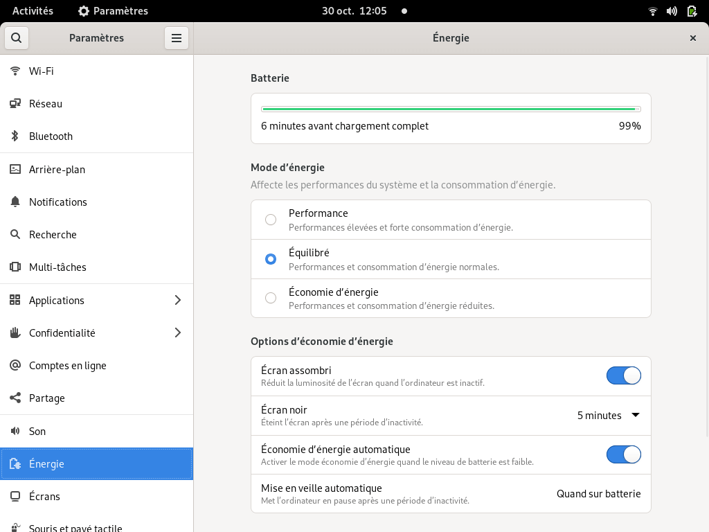 Fedora 35 - GNOME - Énergie