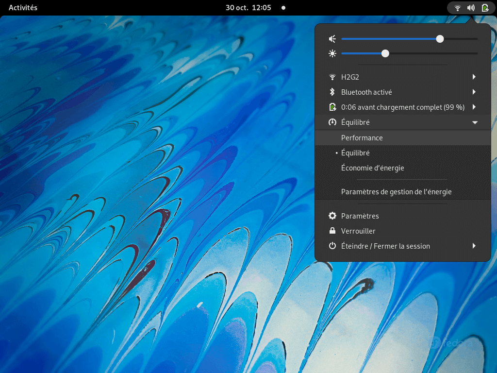 Fedora 35 - GNOME - Menu énergie