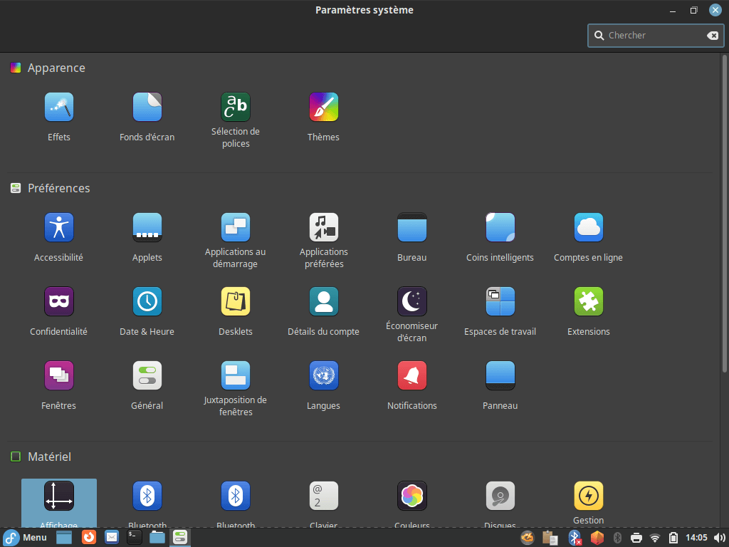 Fedora 37 - Cinnamon - Centre de contrôle