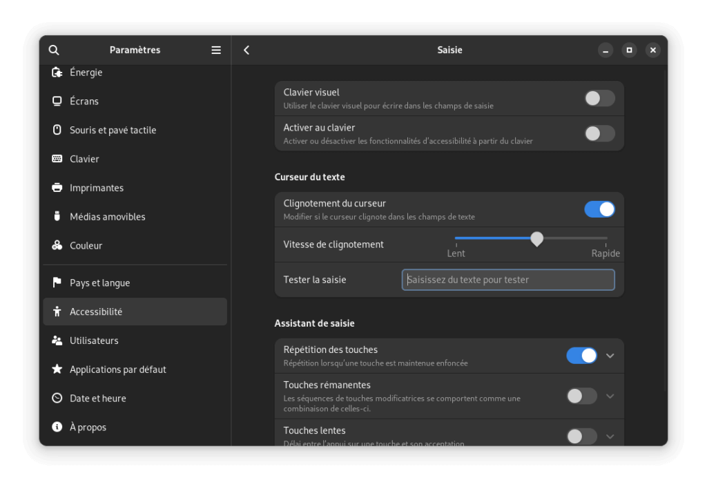 Fedora 38 GNOME - Nouvel écran configuration accessibilité