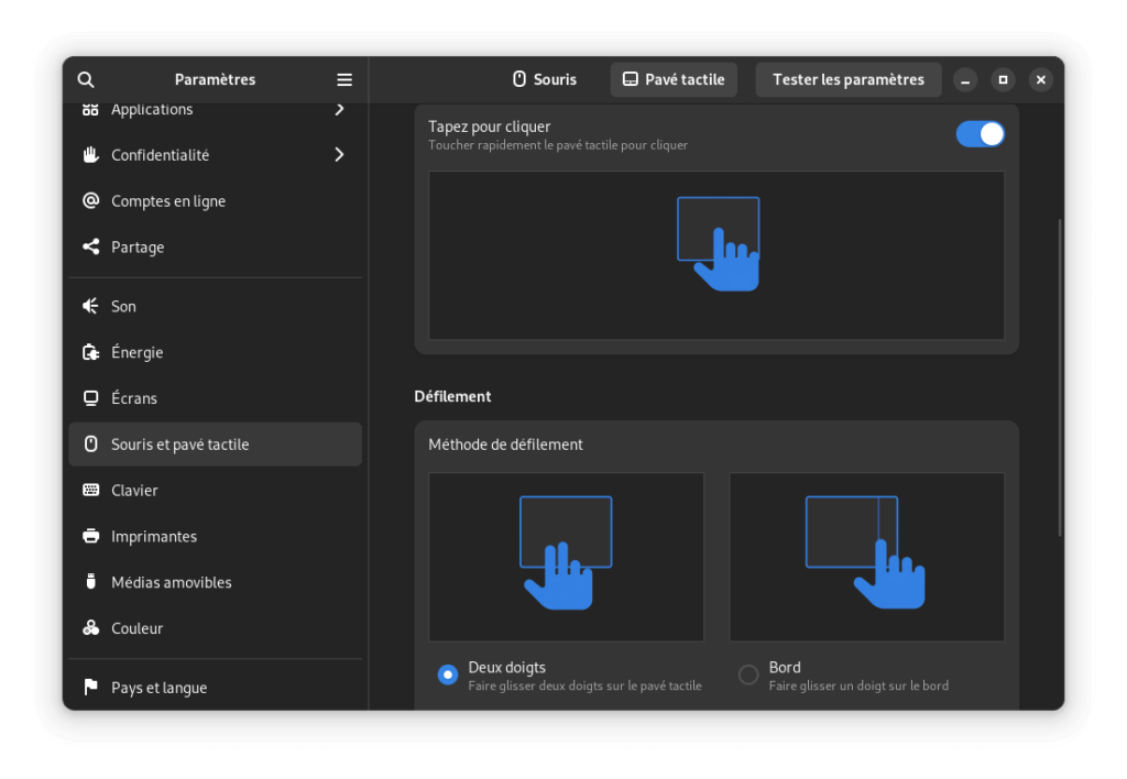 Fedora 38 GNOME - Nouvel écran configuration pavé tactile