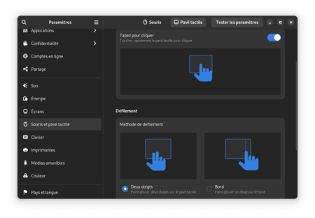 Fedora 38 GNOME - Nouvel écran configuration pavé tactile