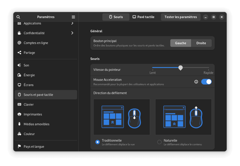 Fedora 38 GNOME - Nouvel écran configuration souris.png