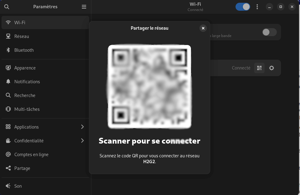 Fedora 38 GNOME - Partager code Wifi par QR code