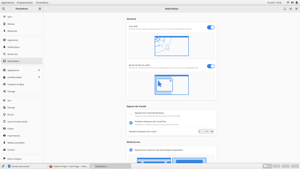 Fedora 38 GNOME classique - Centre de configuration