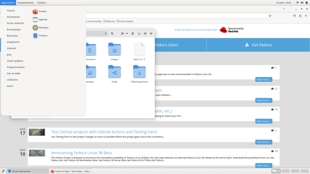 Fedora 38 GNOME classique - Menu