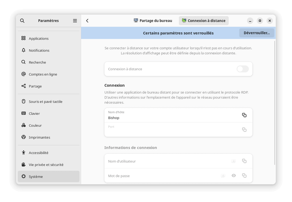 Fedora Linux 40 GNOME - Connexion à distance