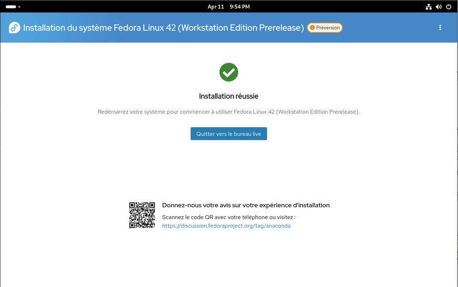 Fedora Linux 42 - Anaconda - Installation terminée