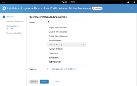 Fedora Linux 42 - Anaconda - Langues