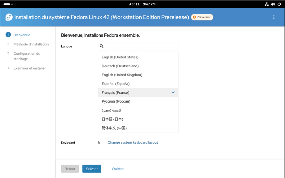 Fedora Linux 42 - Anaconda - Langues