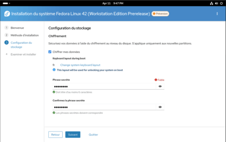 Fedora Linux 42 - Anaconda - Chiffrement