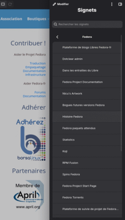 Fedora Linux 43 GNOME - GNOME Web marques pages