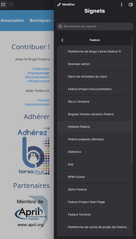 Fedora Linux 43 GNOME - GNOME Web marques pages