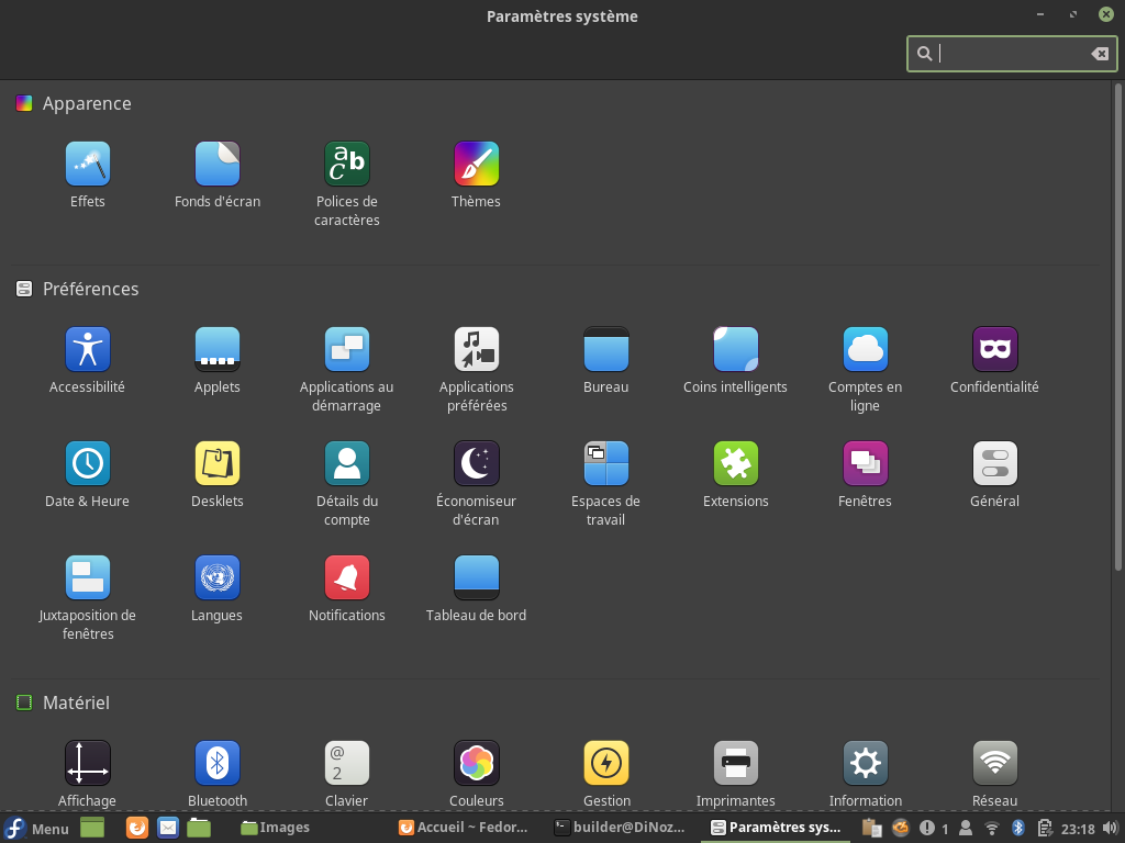 Fedora 29 - Cinnamon - Paramètres