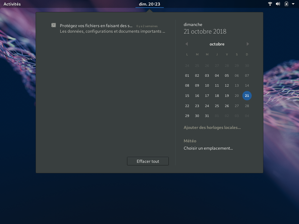 Fedora 29 - GNOME - Barre notifications