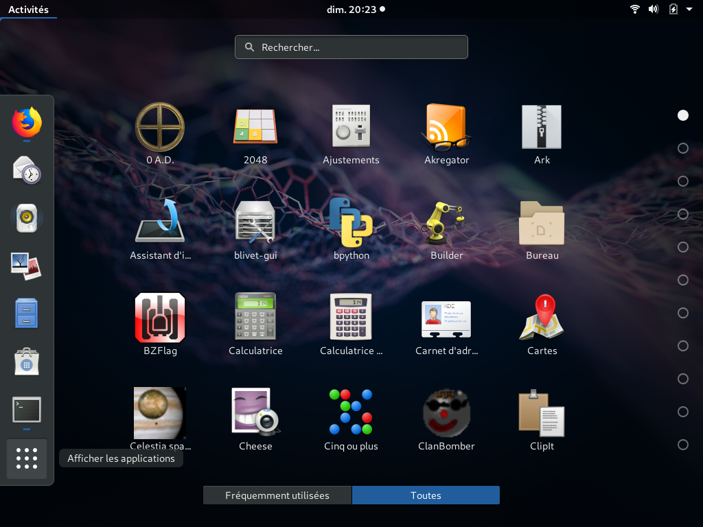 Fedora 29 - GNOME - Liste applications