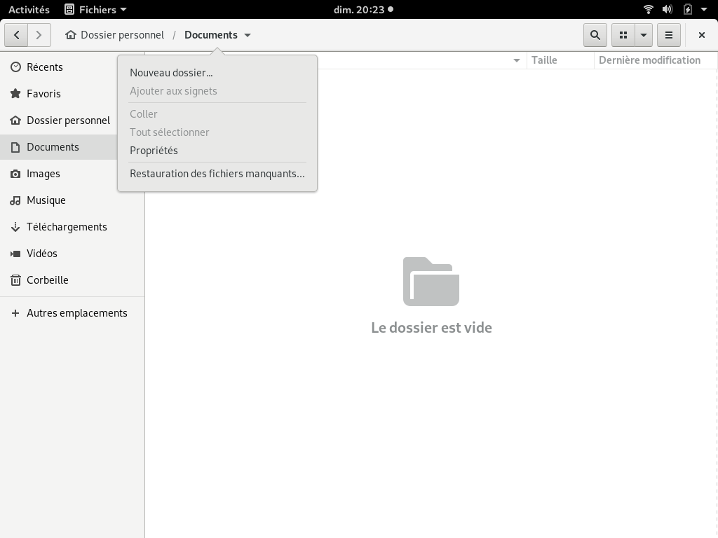 Fedora 29 - GNOME - Nautilus barre