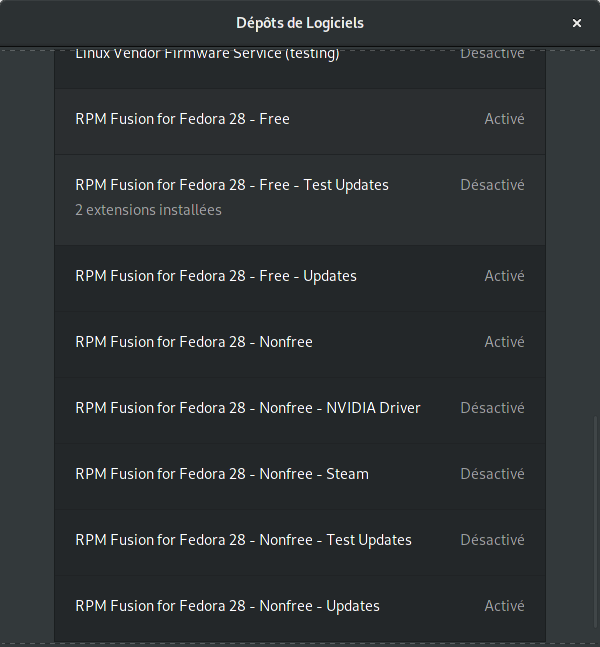 Fedora 28 - Gnome - Logiciels RPMFusion