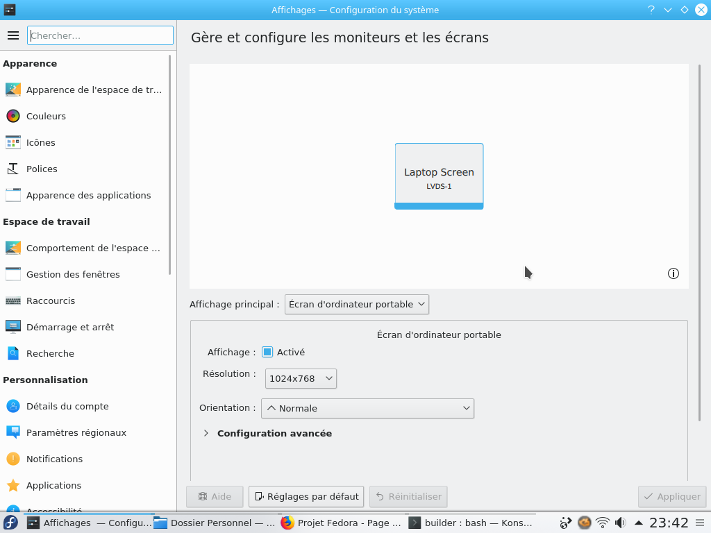 Fedora 29 - KDE - Paramètres