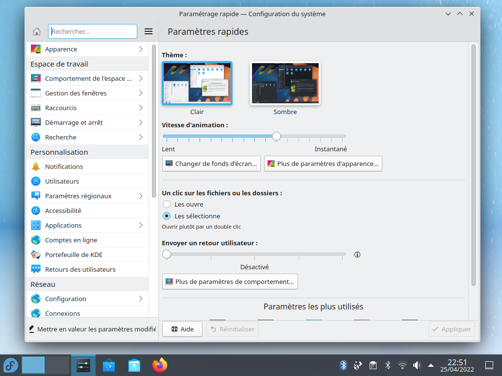 Fedora 36 - KDE Plasma - Panneau de configuration