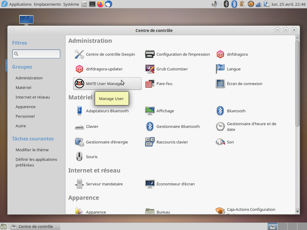 Fedora 36 - MATE - Centre de configuration