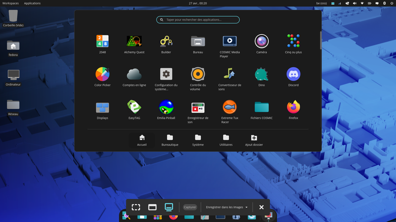 Fedora Linux 44 COSMIC - Menu
