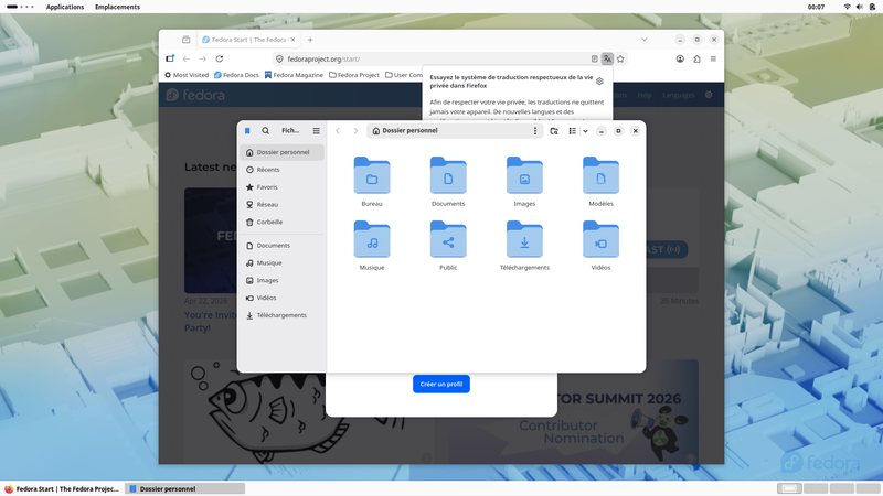 Fedora Linux 44 GNOME classique - Applications