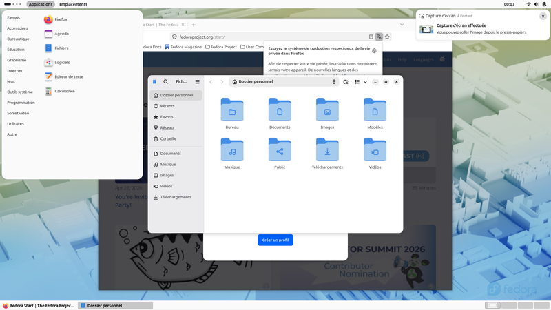 Fedora Linux 44 GNOME classique - Menu